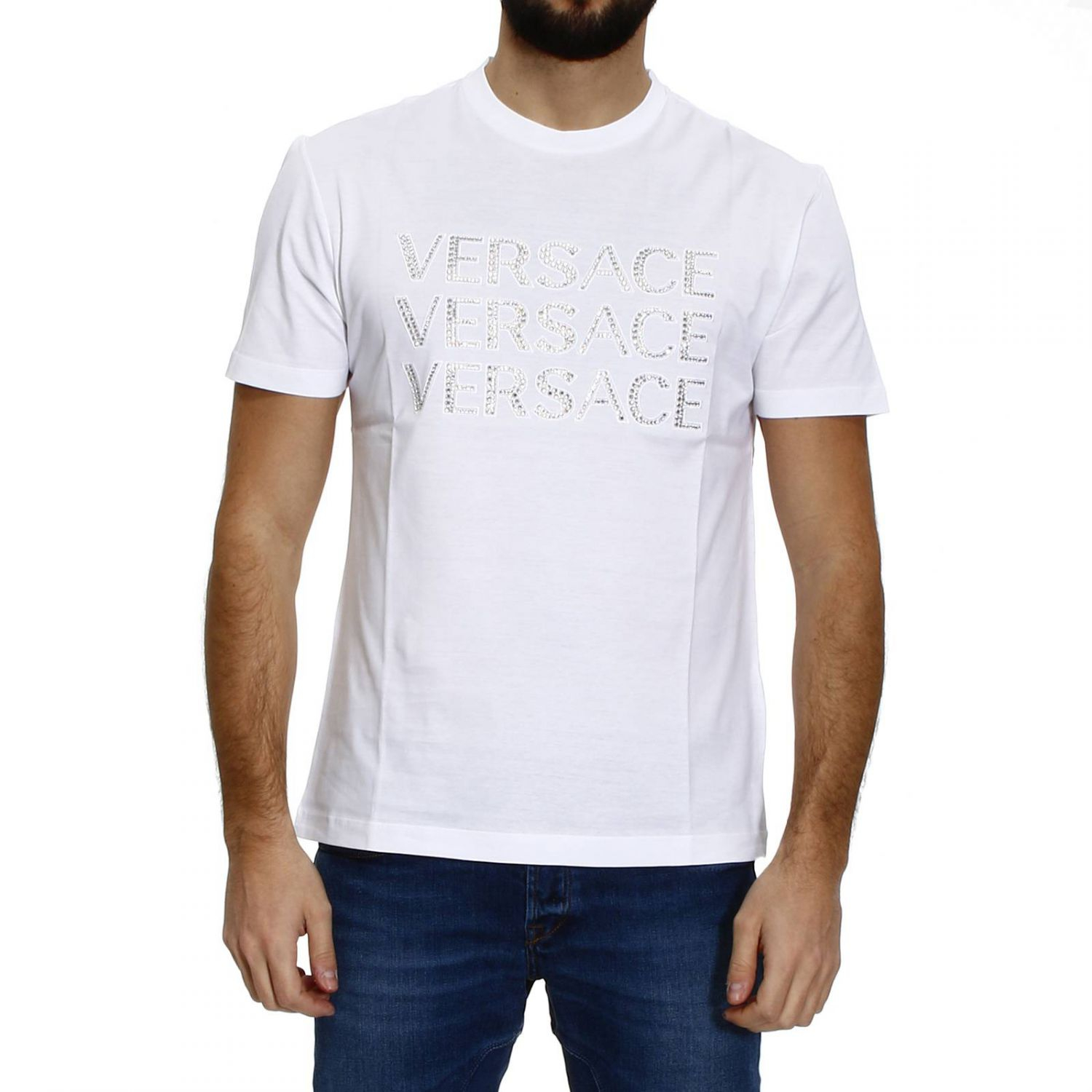 Versace Rhinestone Logo Half Sleeve Crew-neck T-shirt in White for Men ...
