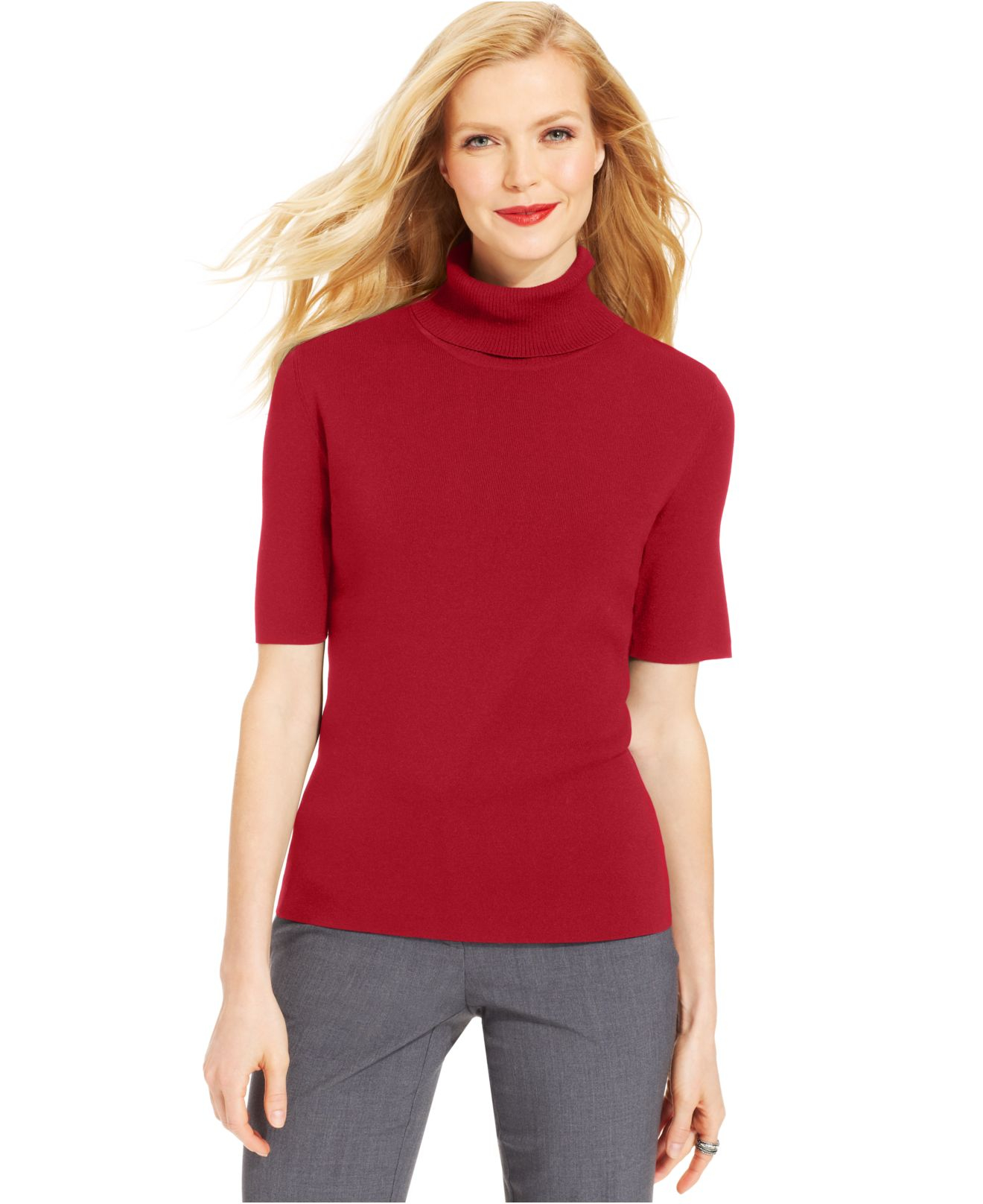 Jones new york Petite Elbow-sleeve Turtleneck Sweater in Red | Lyst
