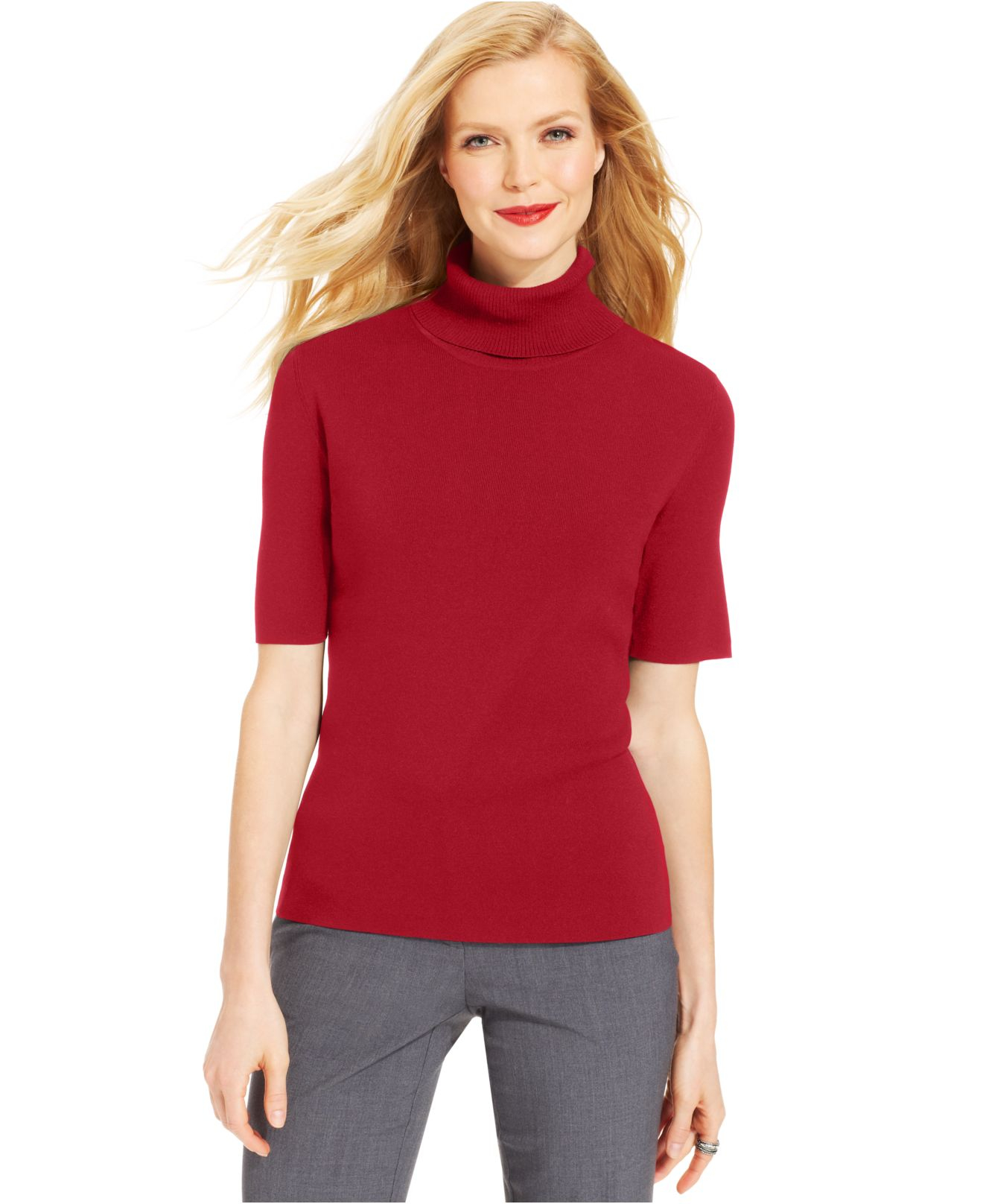 Jones new york Petite Elbow-sleeve Turtleneck Sweater in Red | Lyst