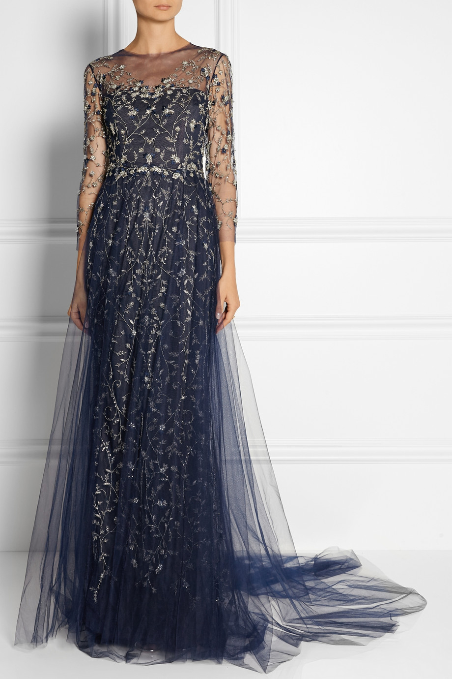 Marchesa Embellished Tulle Gown In Blue Lyst