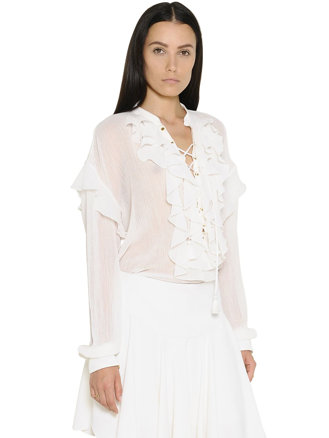 Lyst - Chloé Ruffled Cotton Gauze Shirt in White