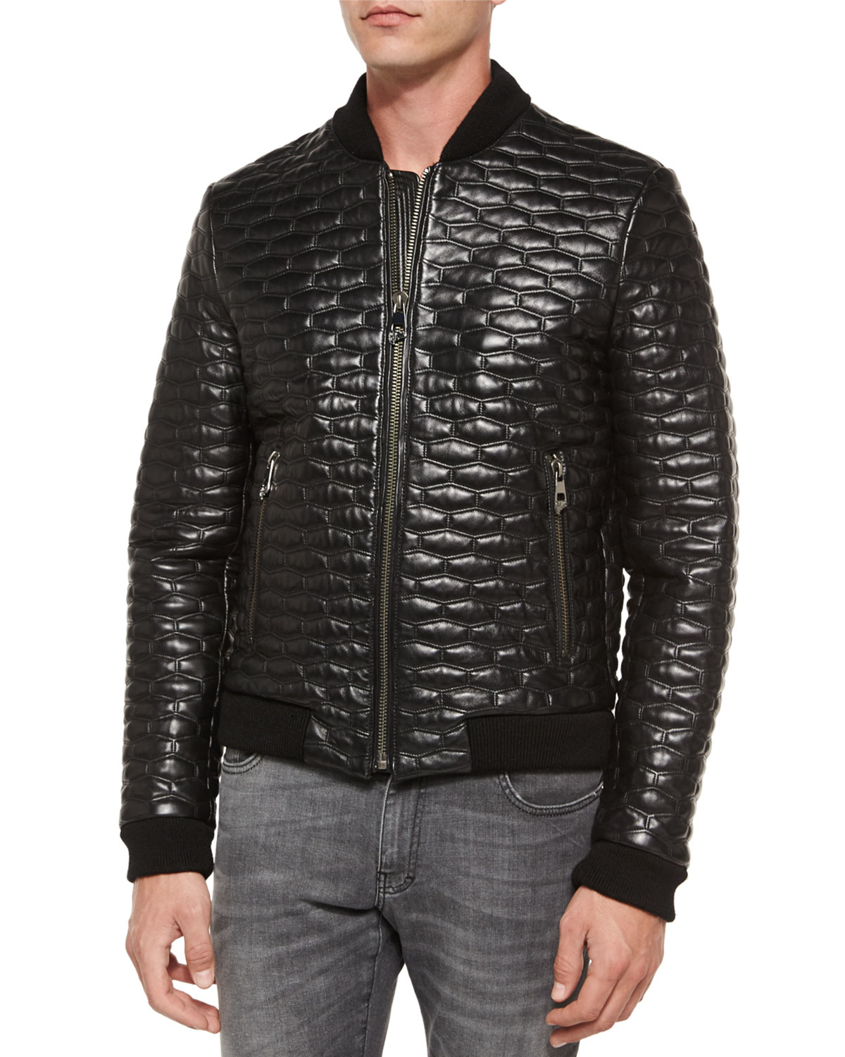 Versace Quilted Leather Jacket in Black for Men | Lyst