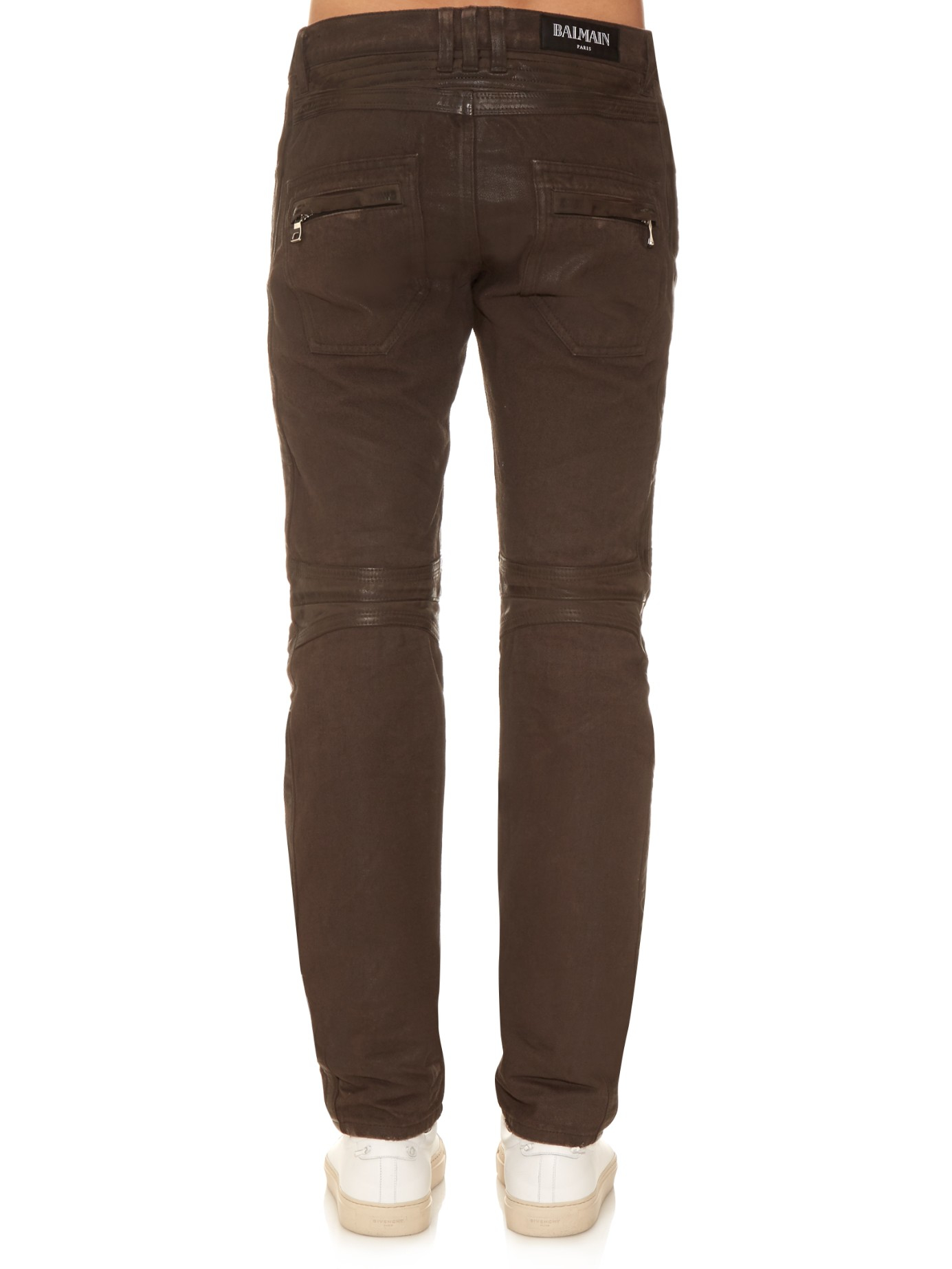 Lyst - Balmain Biker Leather-panel Jeans in Brown for Men