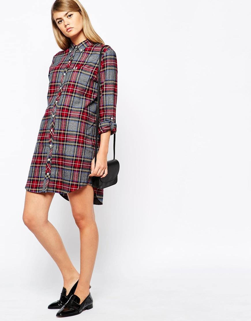 Fred perry Plaid Boyfriend Shirt Dress in Red | Lyst