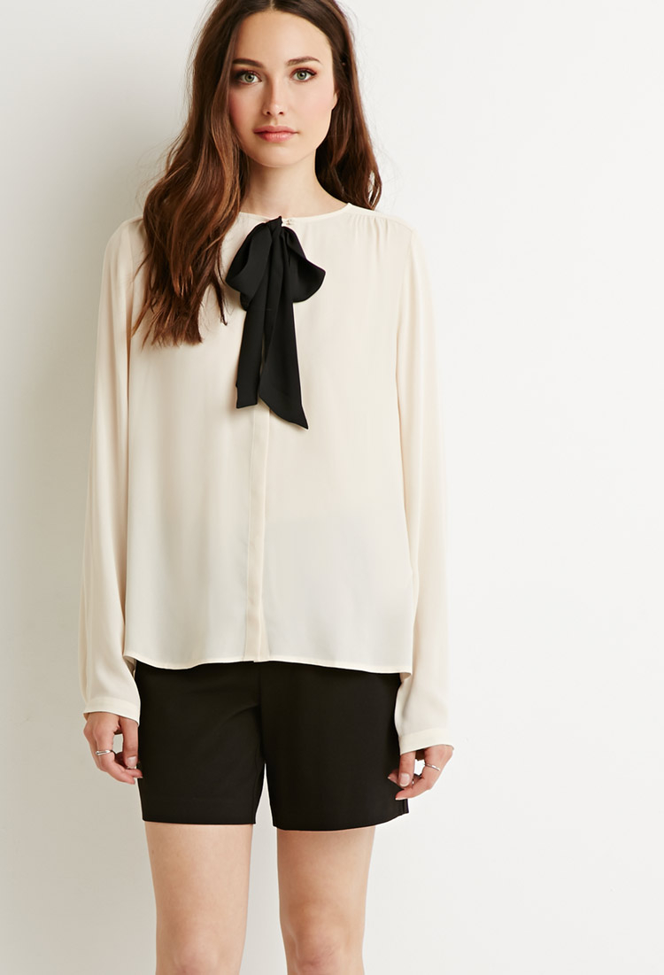 Forever 21 Contemporary Bow-neck Blouse in Beige (Beige/black) | Lyst