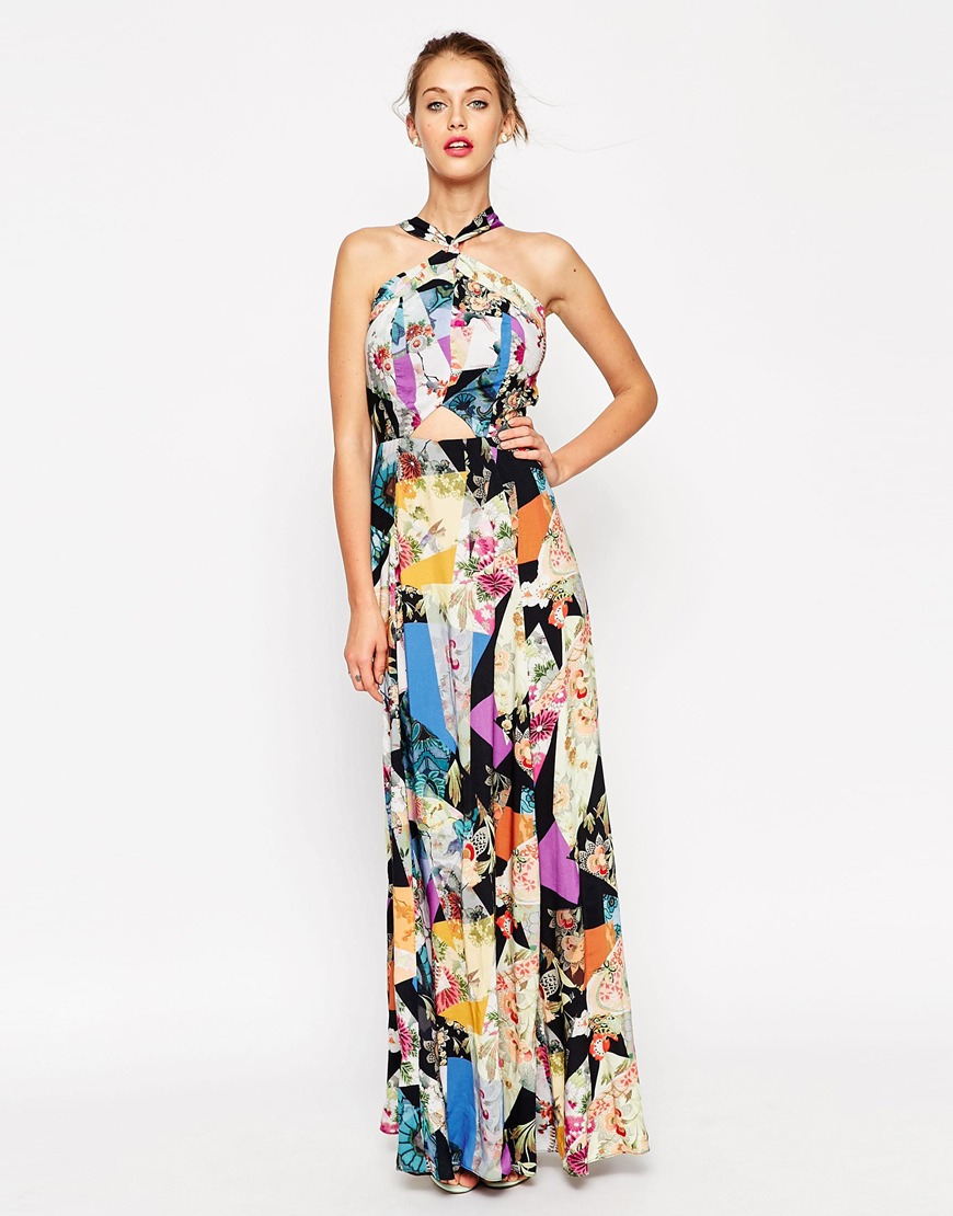 Asos Dark Based Floral Print Cut Out Maxi Dress | Lyst