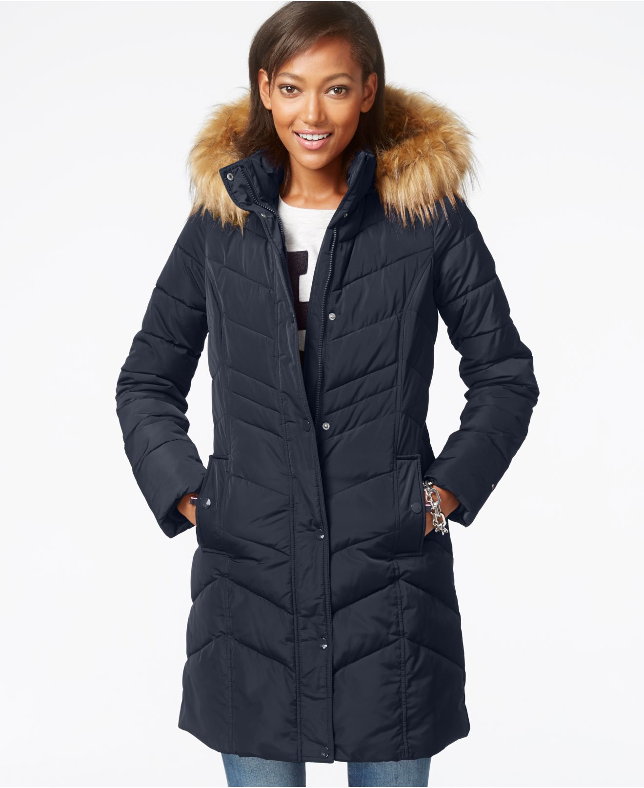 Lyst - Tommy Hilfiger Faux-fur-trim Chevron Quilted Coat in Blue