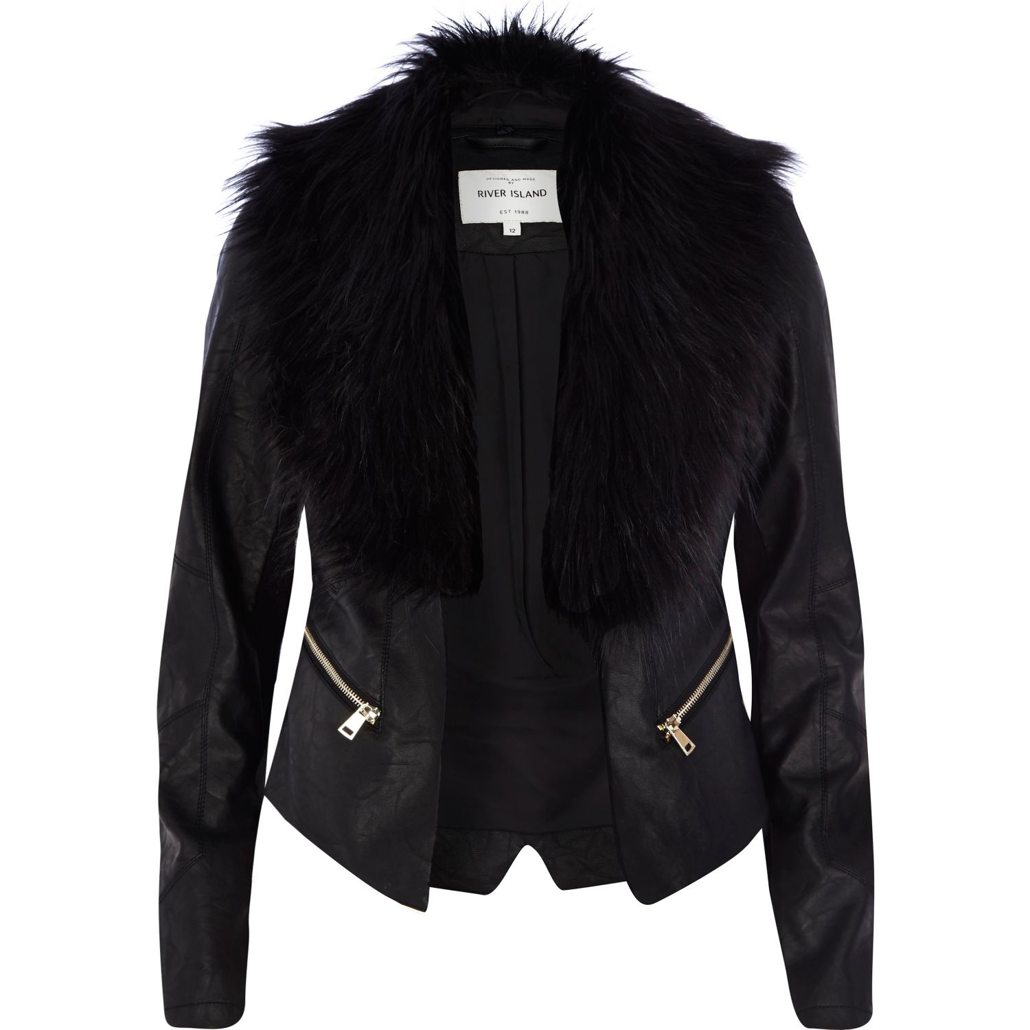 River Island Black Leather Look Faux Fur Collar Jacket In Lyst Gallery