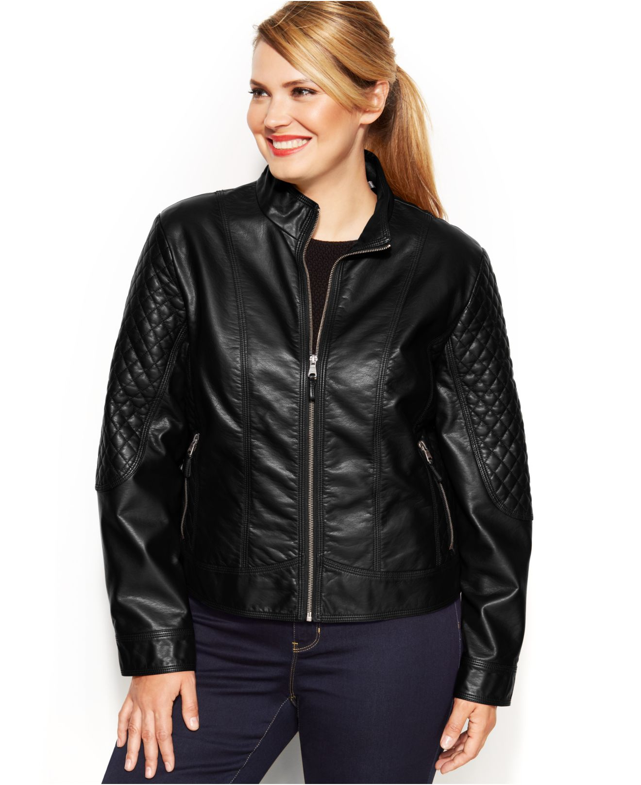 Jessica Simpson Plus Size Faux-Leather Quilted Moto Jacket ...