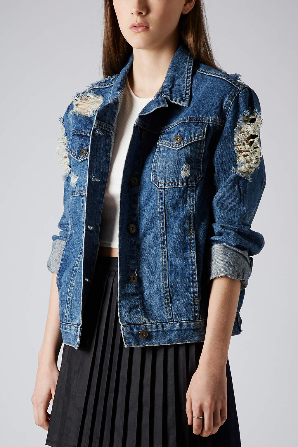 Lyst Topshop Moto Ripped Denim Jacket In Blue 