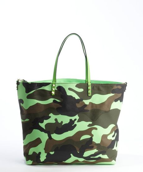 Valentino Neon Green Leather and Canvas Camo Printed Reversible Tote in ...