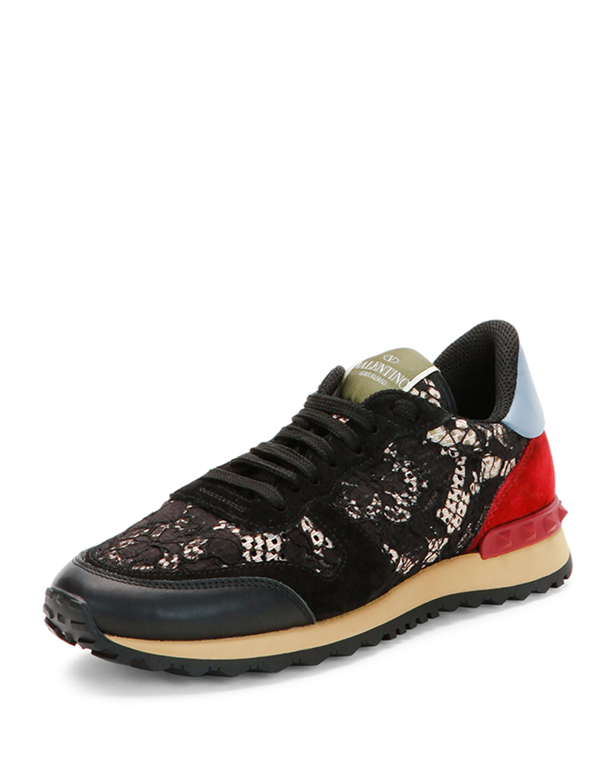 Lyst - Valentino Multicolor Leather-Detailed Lace Sneaker in Black