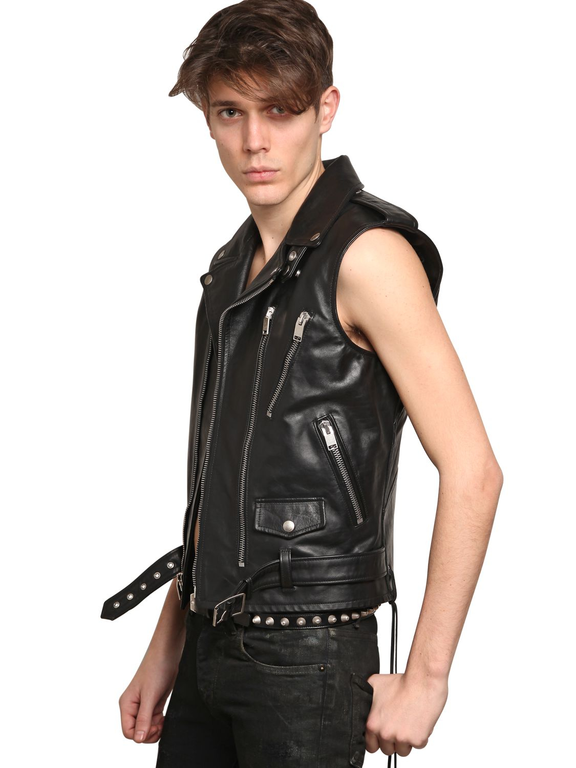 Lyst - Saint Laurent Leather Biker Vest in Black for Men