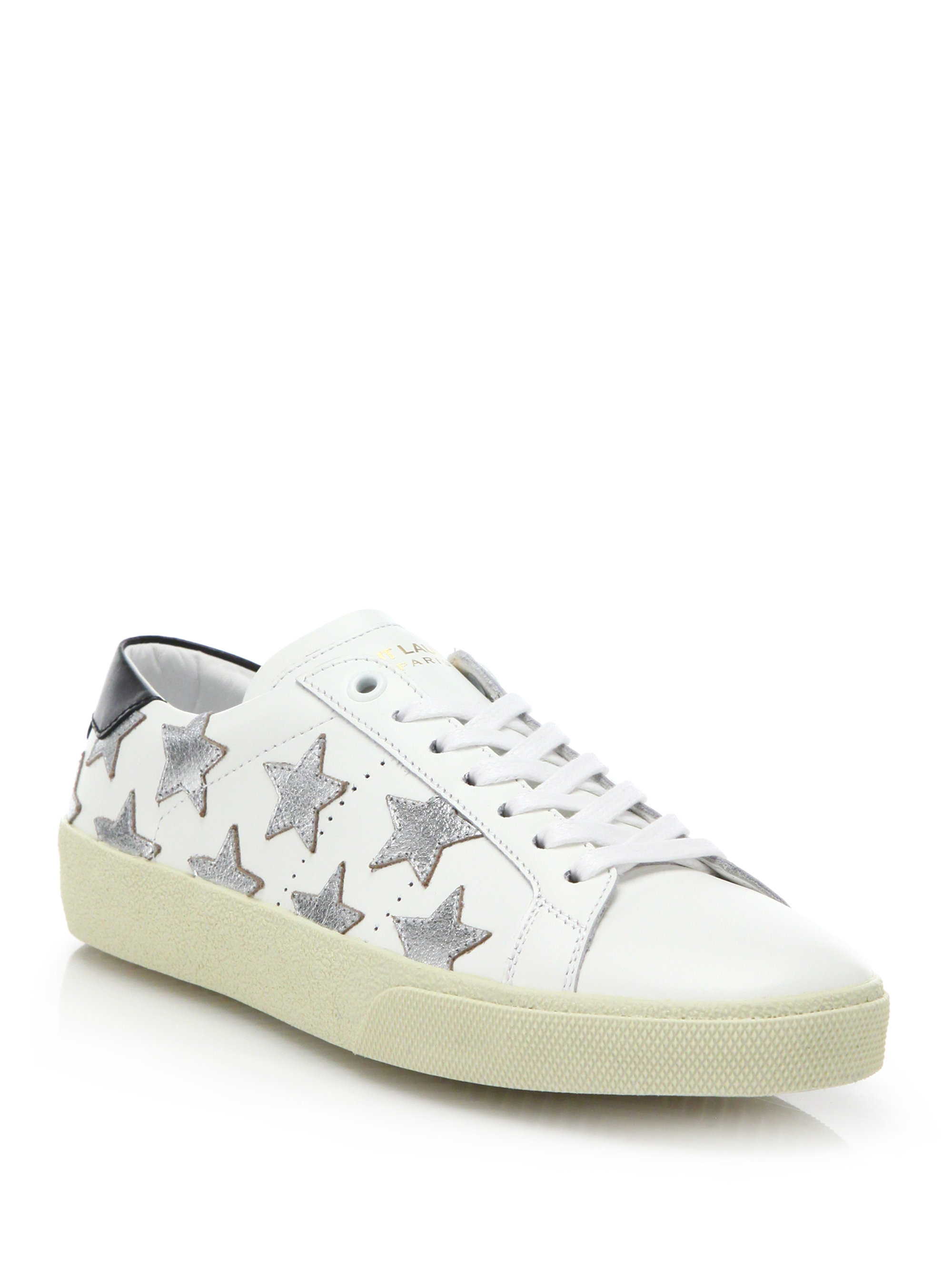 Saint laurent Court Classic Leather Metallic Star Sneakers in White
