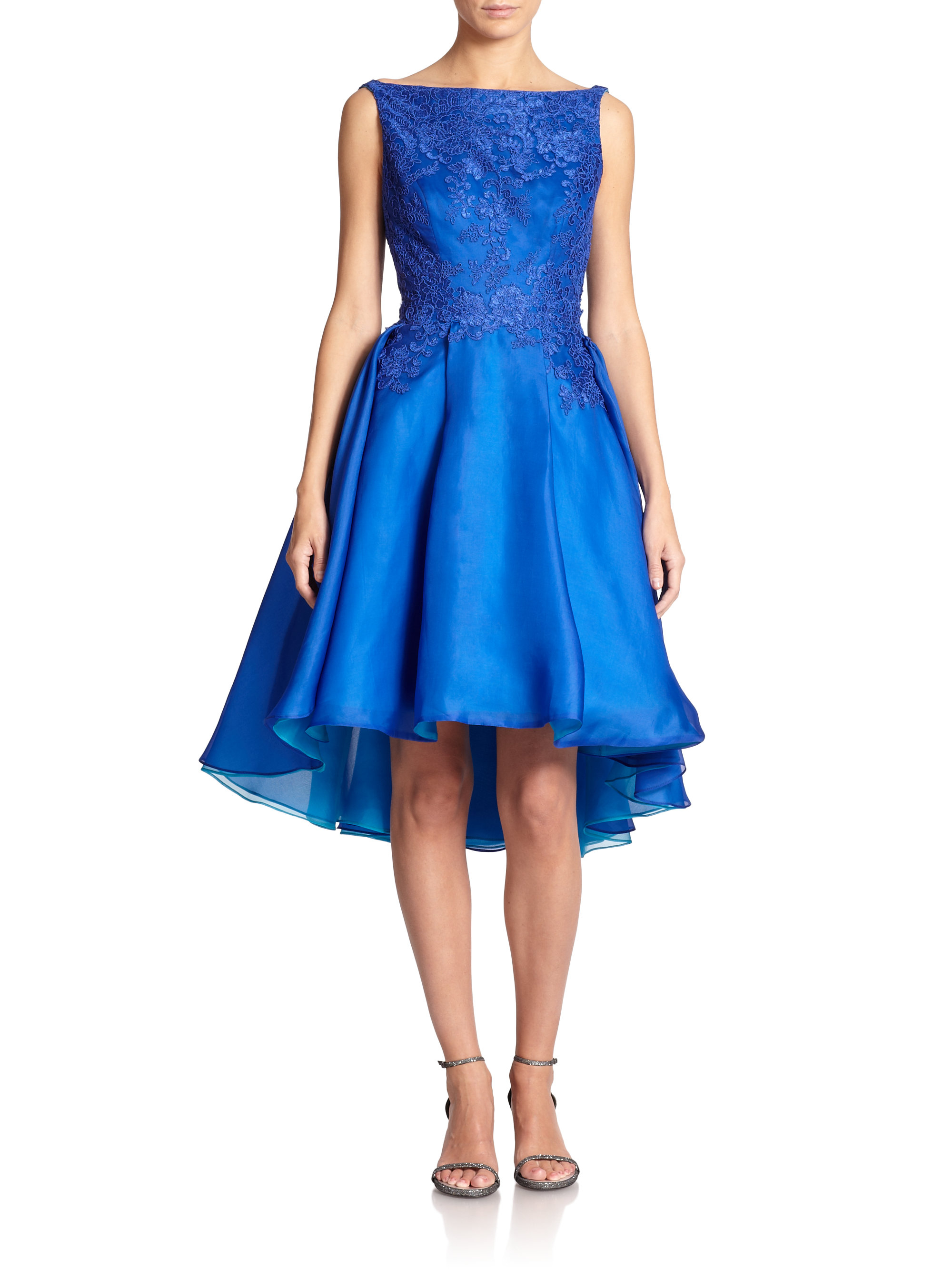 Lyst - Ml monique lhuillier Silk Organza Boatneck Dress in Blue