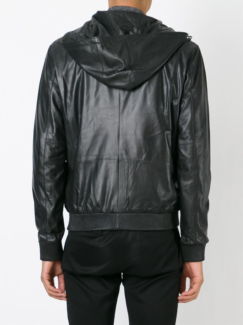 Emporio armani Hooded Leather Jacket in Black for Men | Lyst