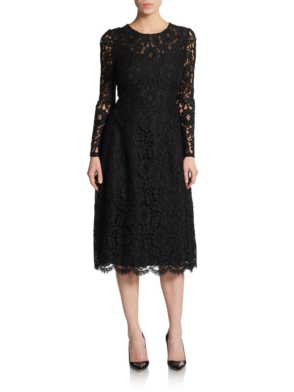 Lyst - Dolce & Gabbana Long-Sleeve Lace Illusion Midi Dress in Black