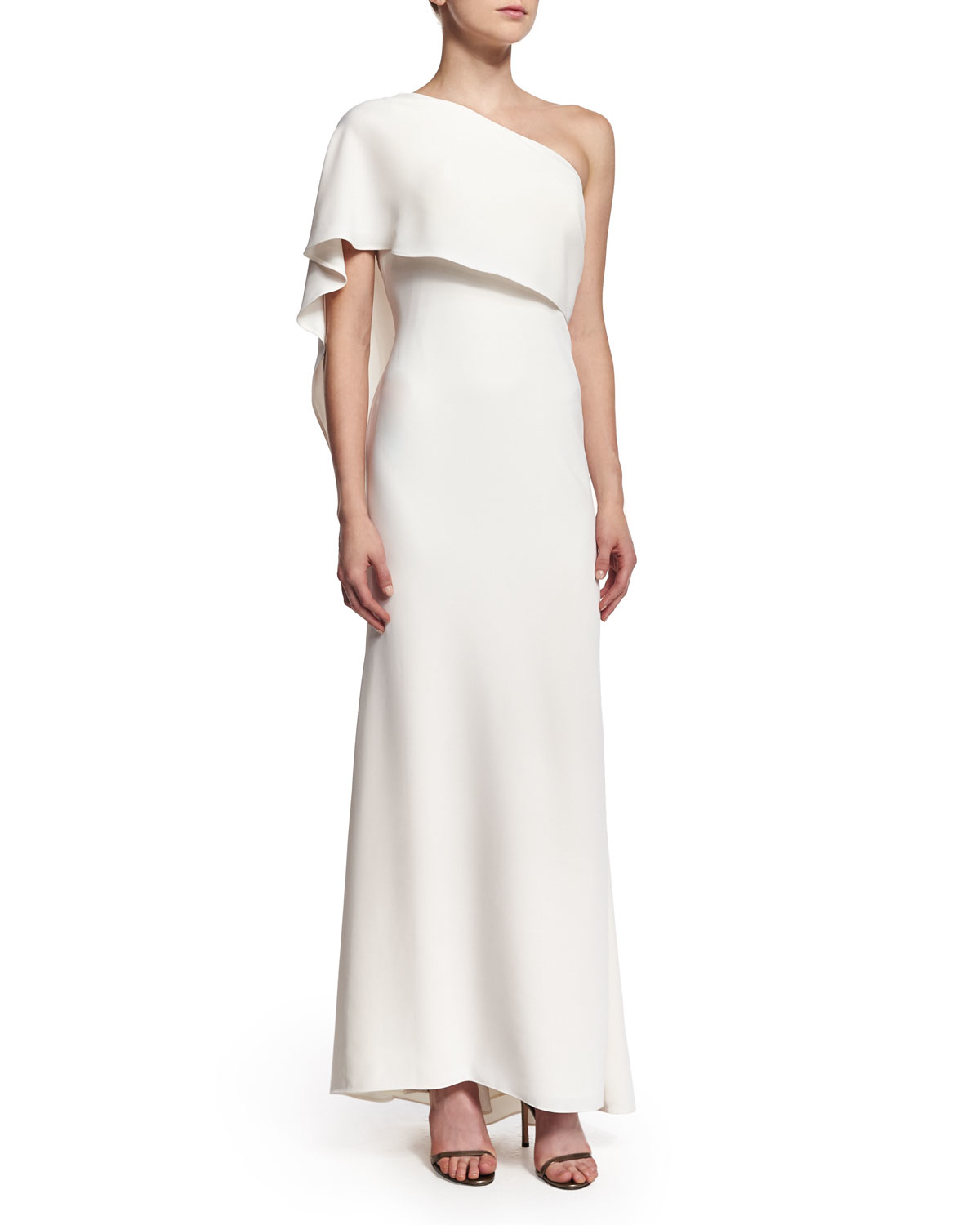 Lyst - Carmen Marc Valvo One-shoulder Capelet Gown in White