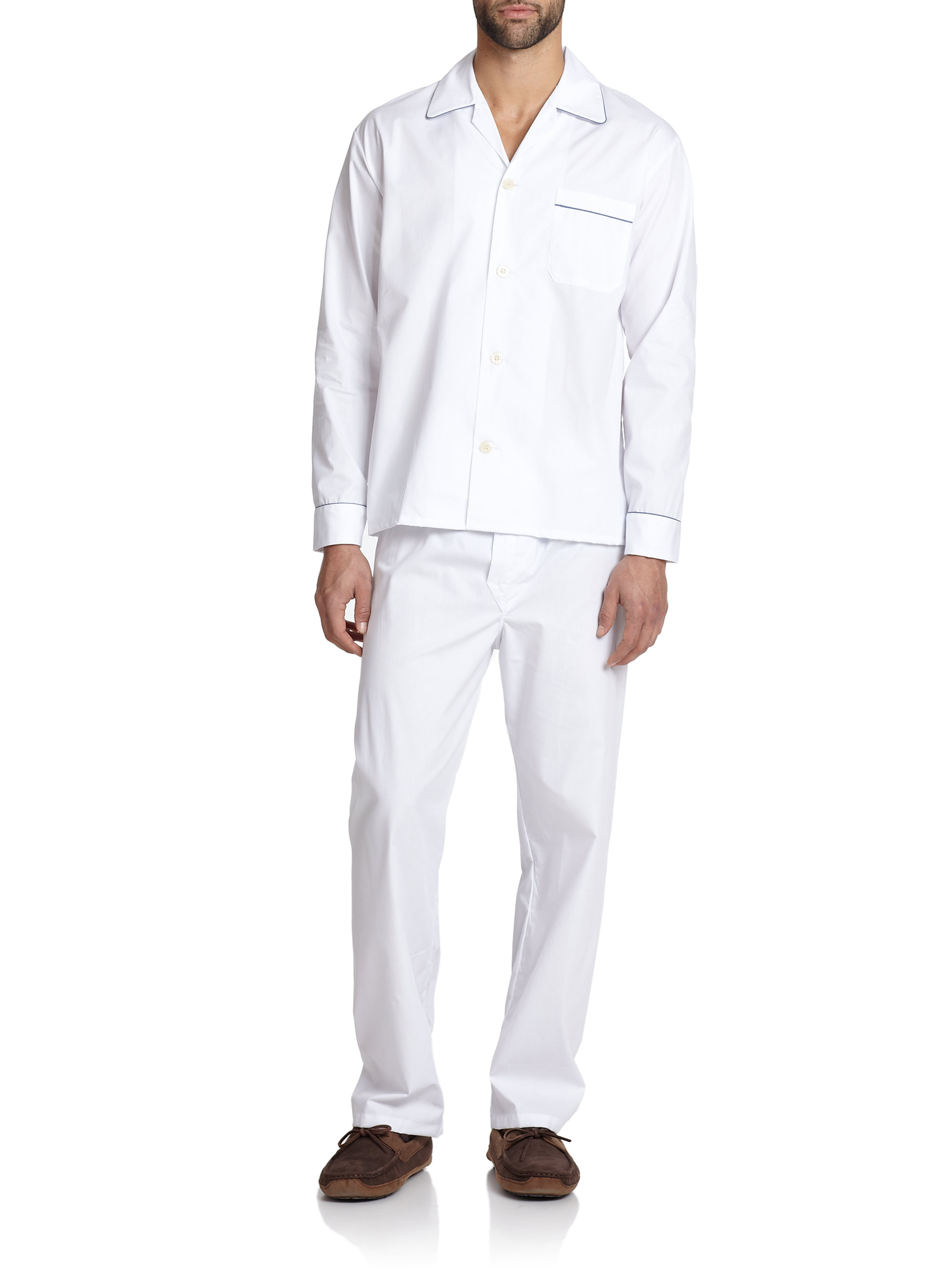 Saks fifth avenue Piped Cotton Pajama Set in White for Men | Lyst