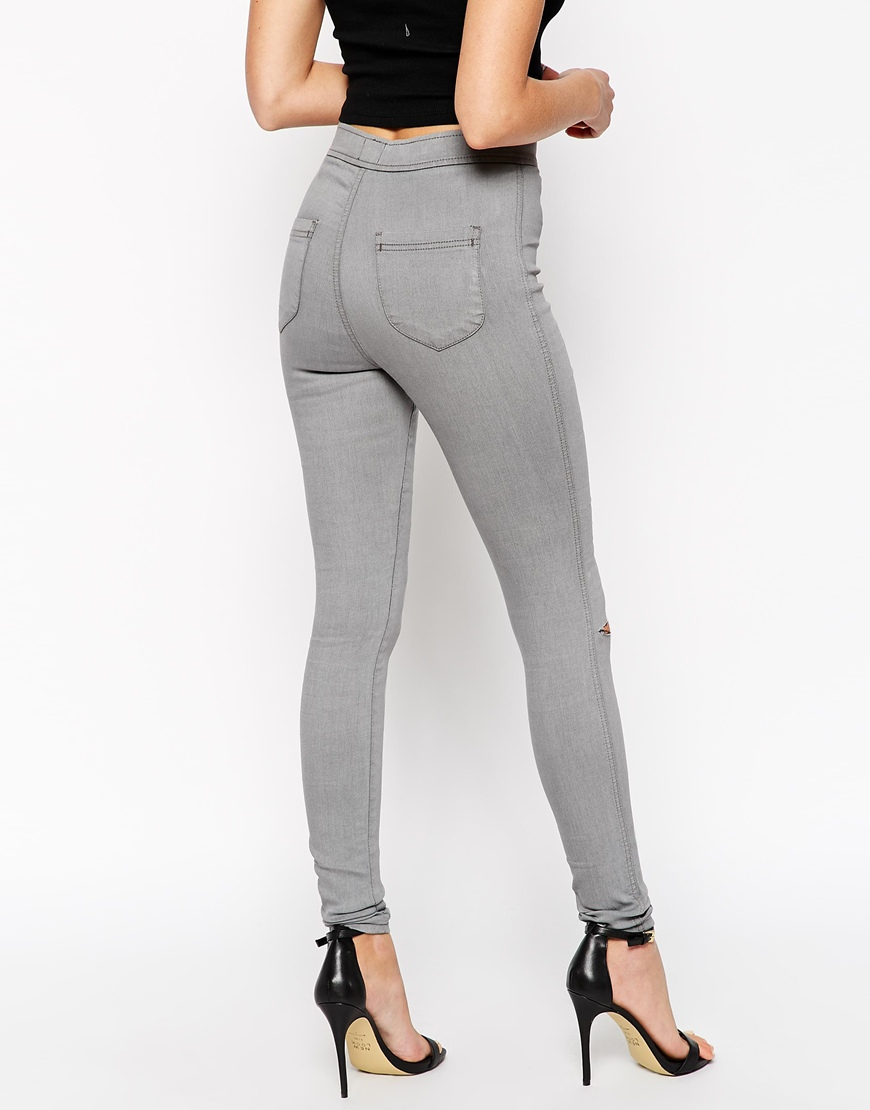 Asos Rivington High Waist Denim Jegging In Shadow Grey With Ripped Knee In Gray Lyst