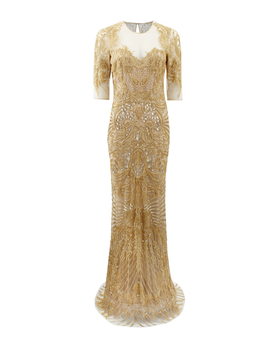 Naeem Khan Illusion Neckline Embroidered Gown in Gold | Lyst