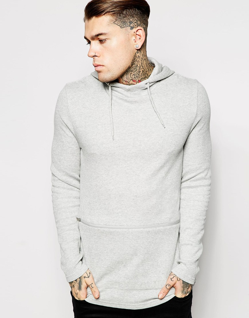 Asos Muscle Fit Hoodie In Waffle With Zip Pocket In Stretch in Gray for ...