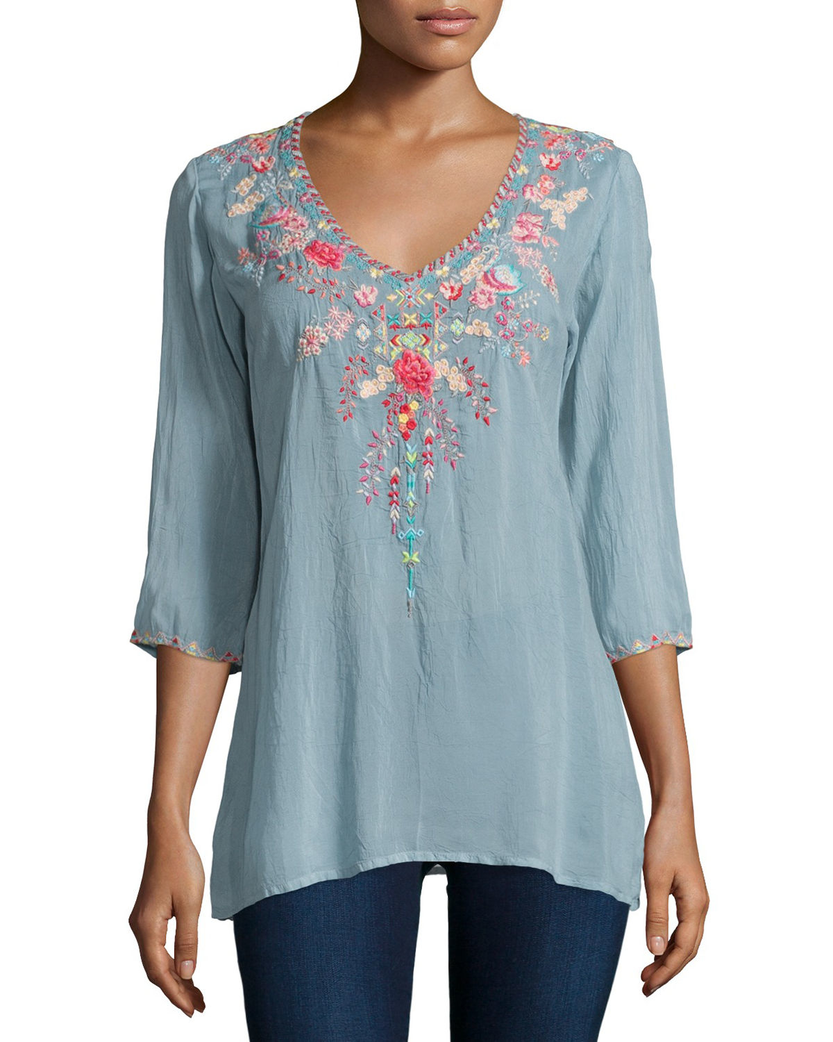 Lyst - Johnny Was Swan Embroidered 3/4-sleeve Tunic in Blue