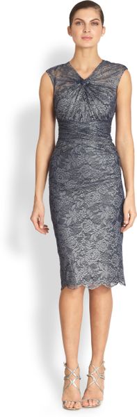 Badgley Mischka Gathered Lace Cocktail Dress in Blue (NAVY) | Lyst