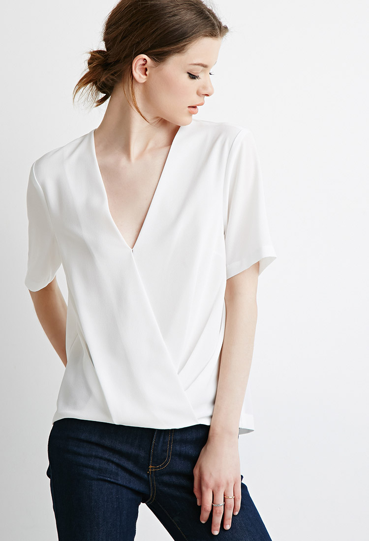 forever 21 contemporary pleated surplice top in white lyst surplice design