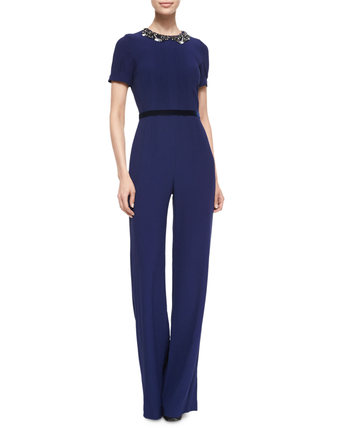 Jenny packham Short-sleeve Embellished-neck Jumpsuit in Blue | Lyst