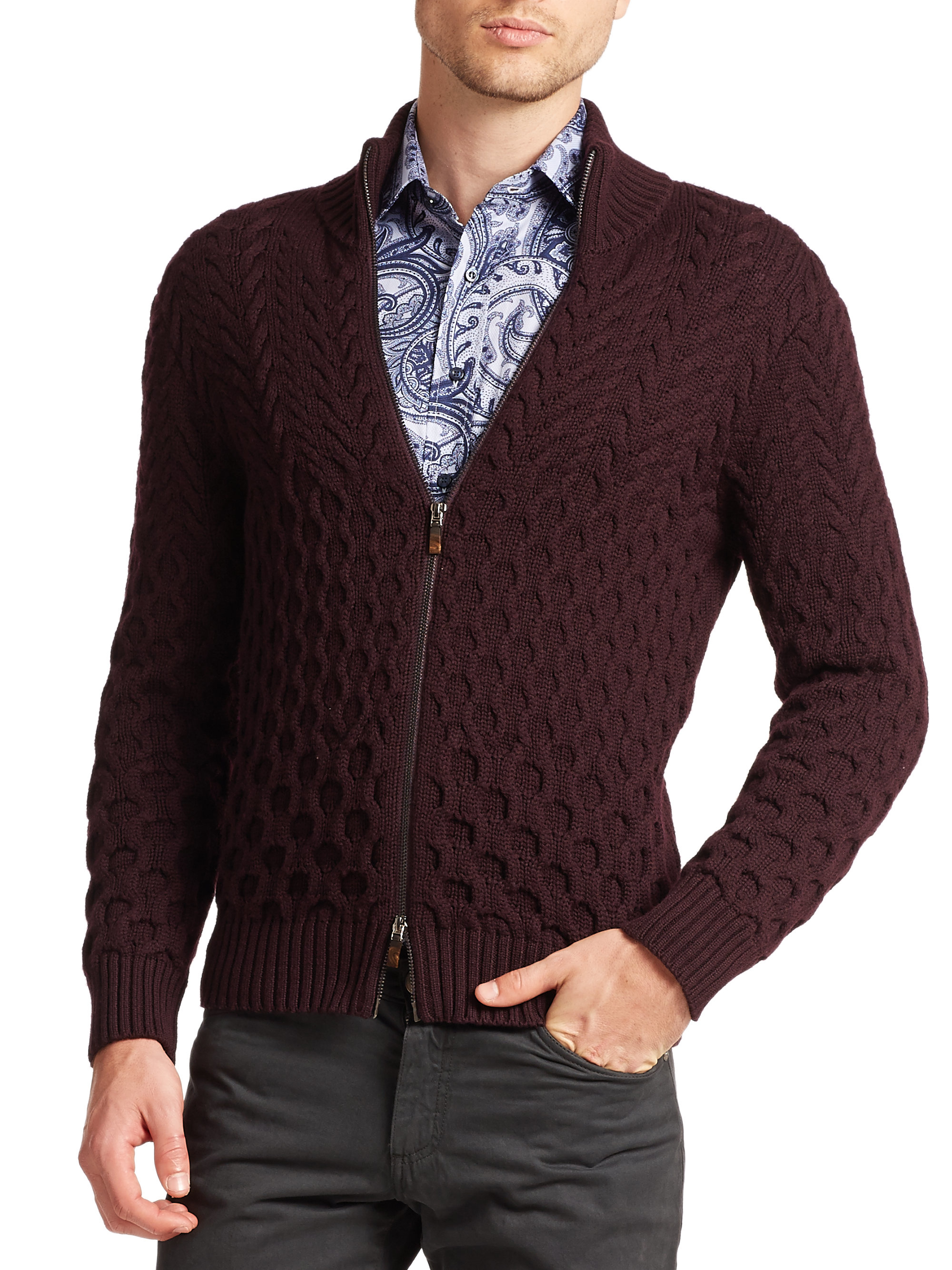 Lyst - Etro Mixed-knit Wool Zip Cardigan in Brown for Men