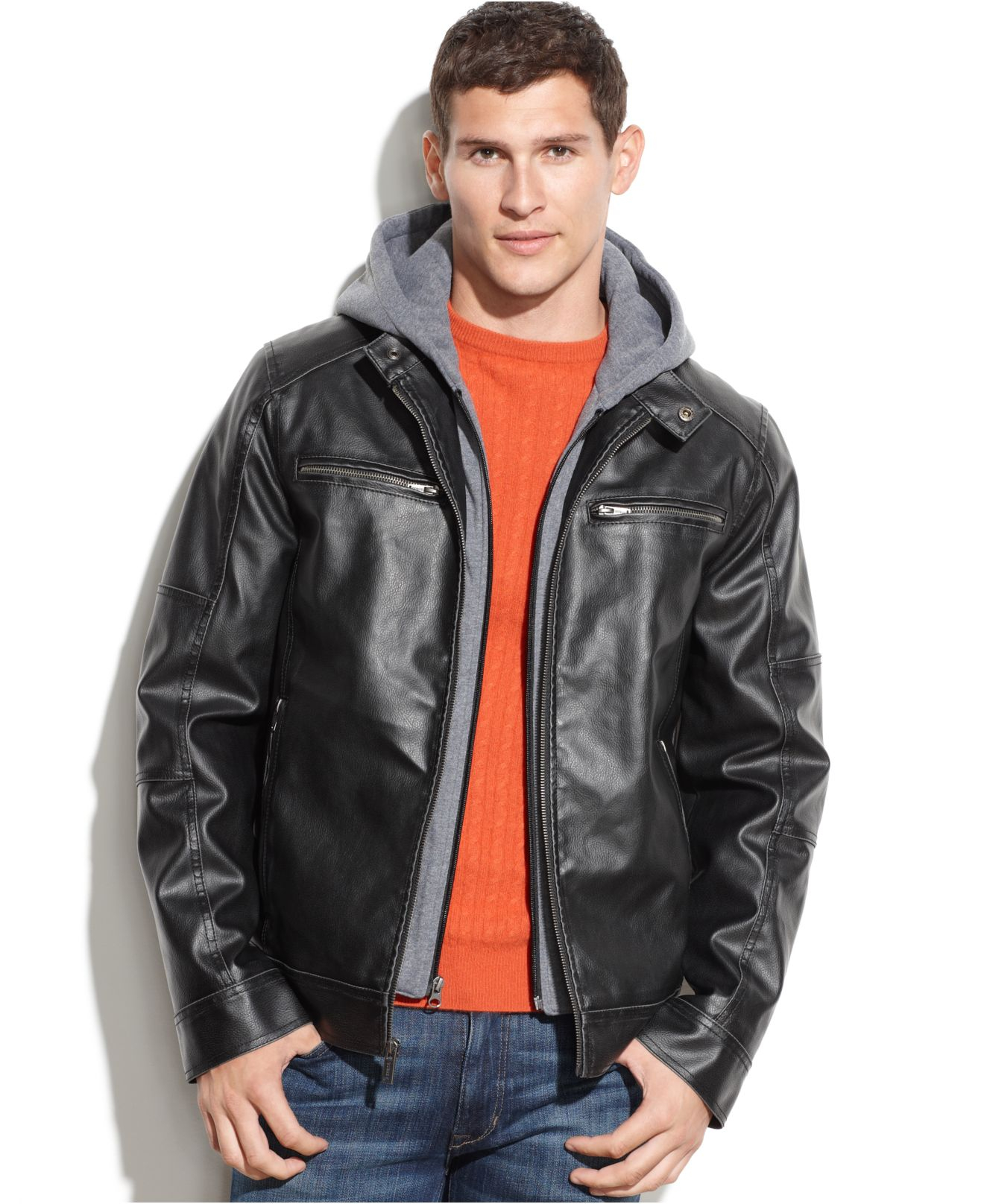 Guess Hooded Faux Leather Moto Jacket in Black for Men | Lyst