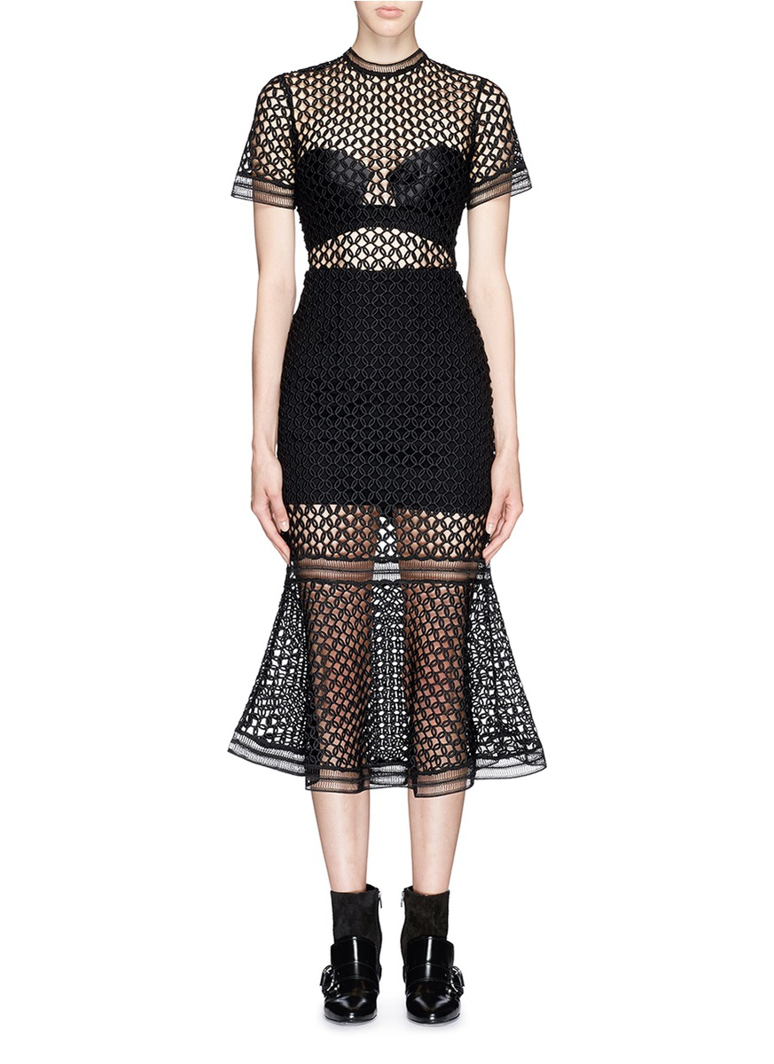 Lyst - Self-Portrait Semi-Sheer Lace Midi Dress in Black