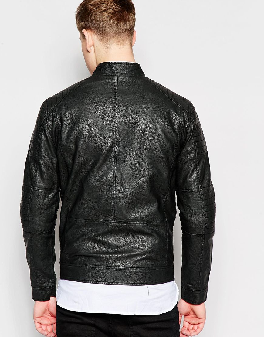 Jack & Jones Distressed Faux Leather Biker Jacket in Black for Men - Lyst