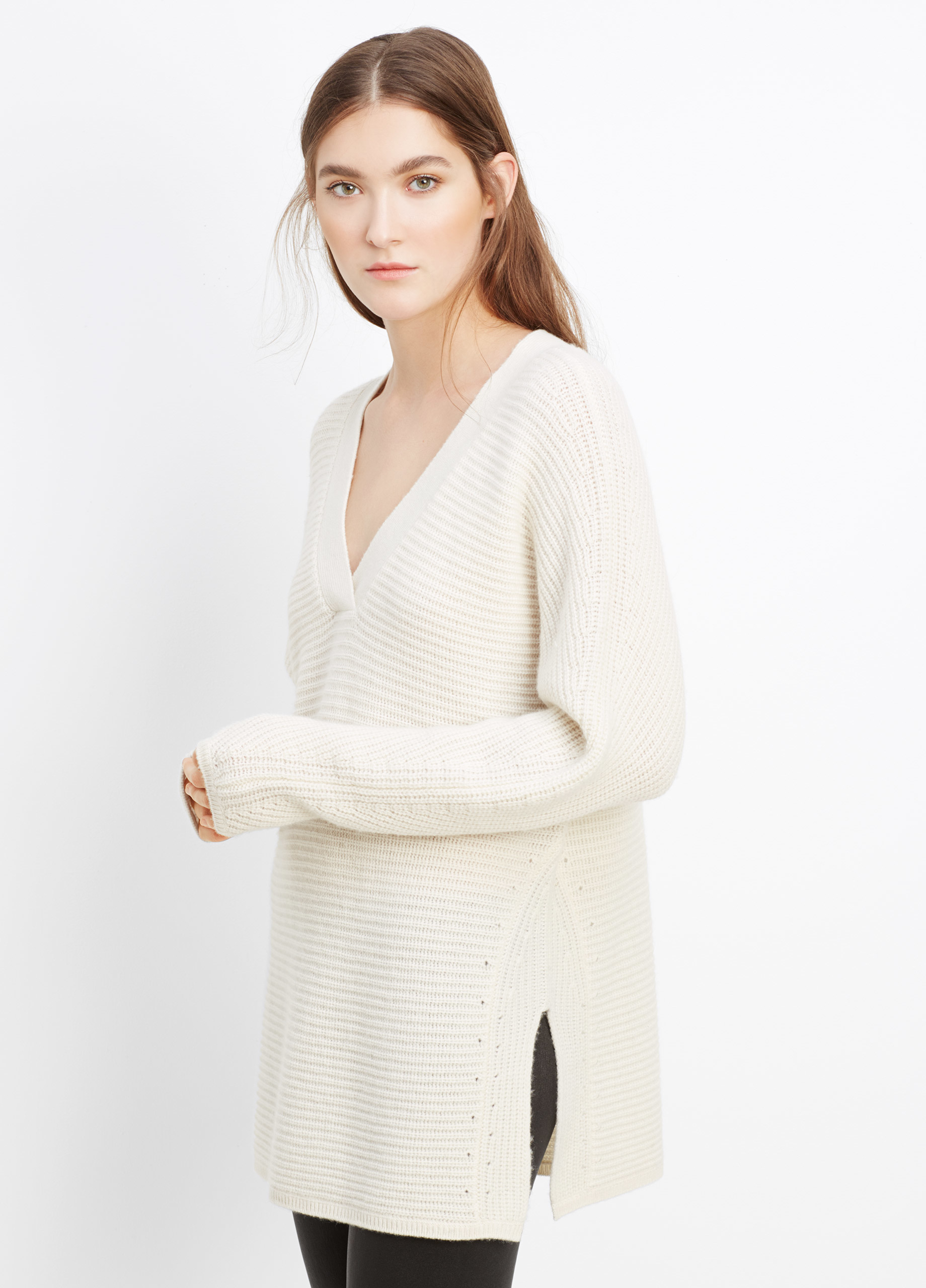 Vince Wool Cashmere Traveling Rib Double V-neck Sweater in White ...
