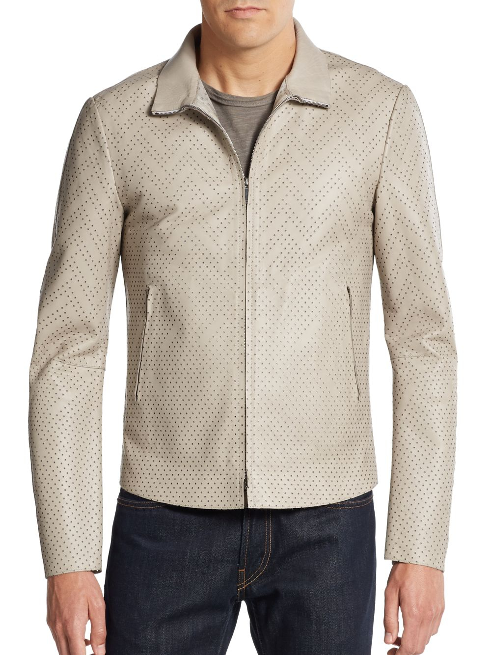 Emporio armani Perforated Leather Jacket in Beige for Men (sand) | Lyst