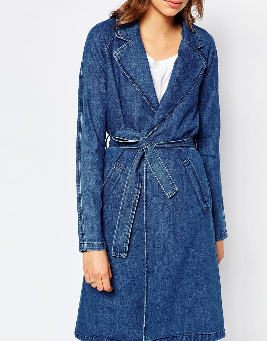 Lyst Vero Moda Belted Denim Duster Coat in Blue