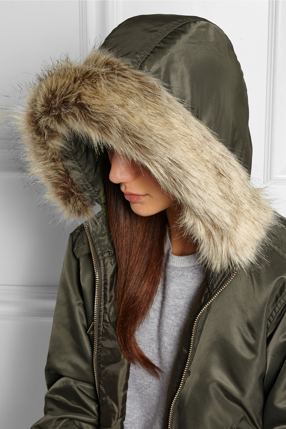J.crew Faux Fur-Trimmed Hooded Shell Bomber Jacket in Green | Lyst