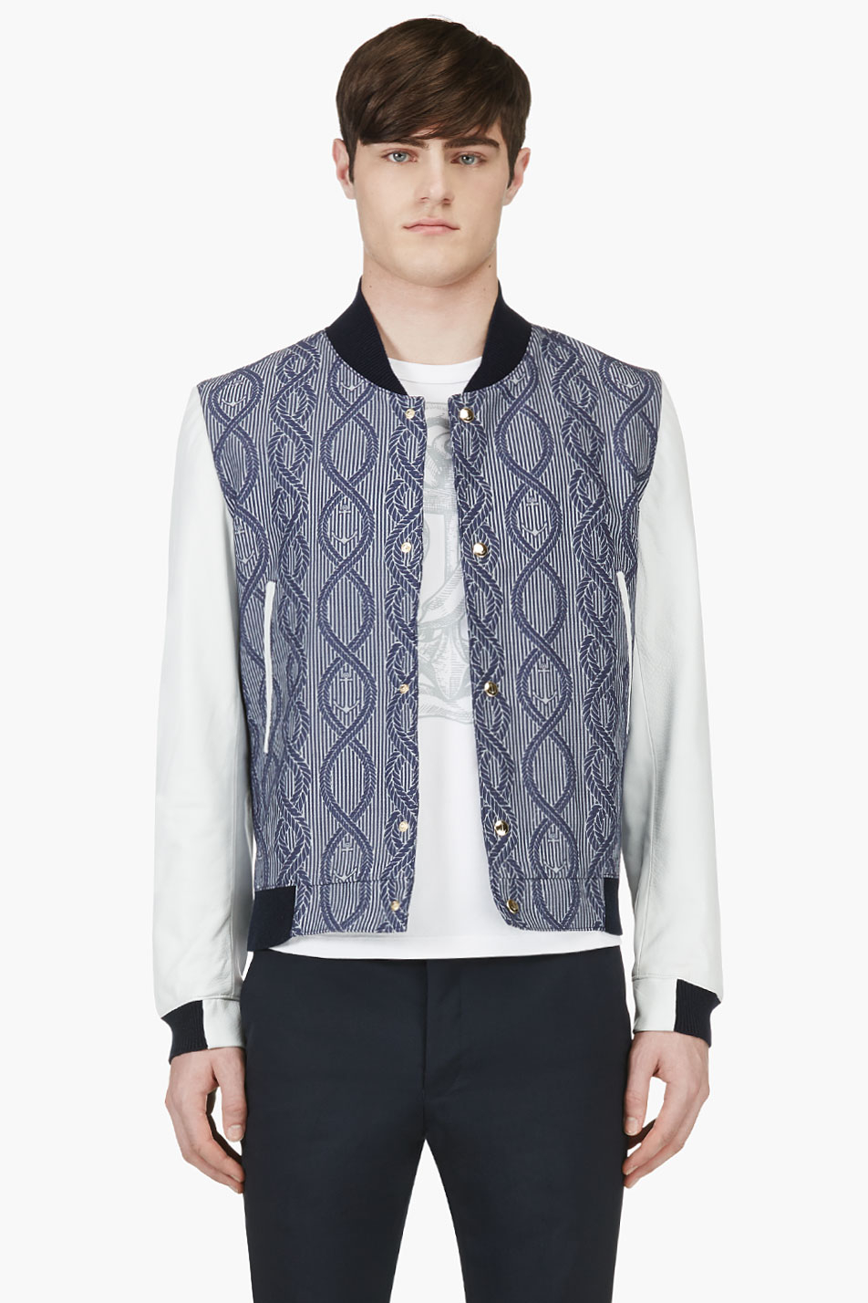 Thom Browne Blue Jacquard and Leather Bomber Jacket in Blue for Men | Lyst