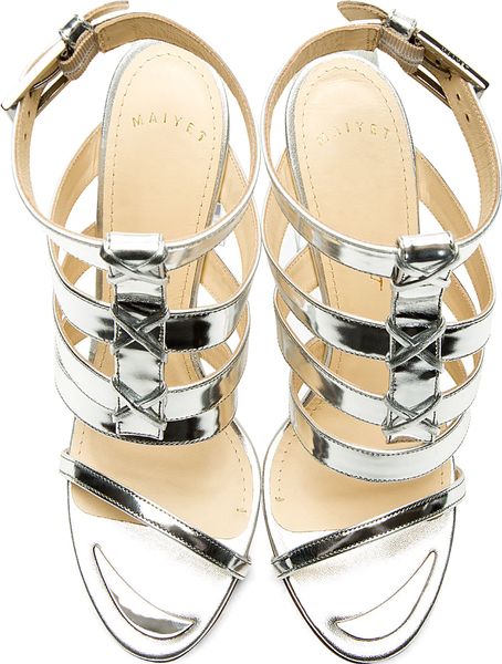 Maiyet Silver Leather Shifted Heel Multi_strap Sandals in Silver | Lyst