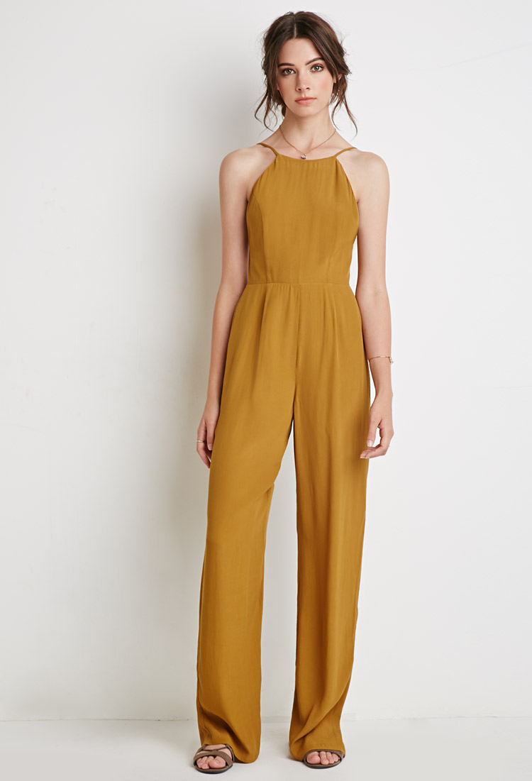 Forever 21 Low-back Halter Jumpsuit in Yellow - Lyst