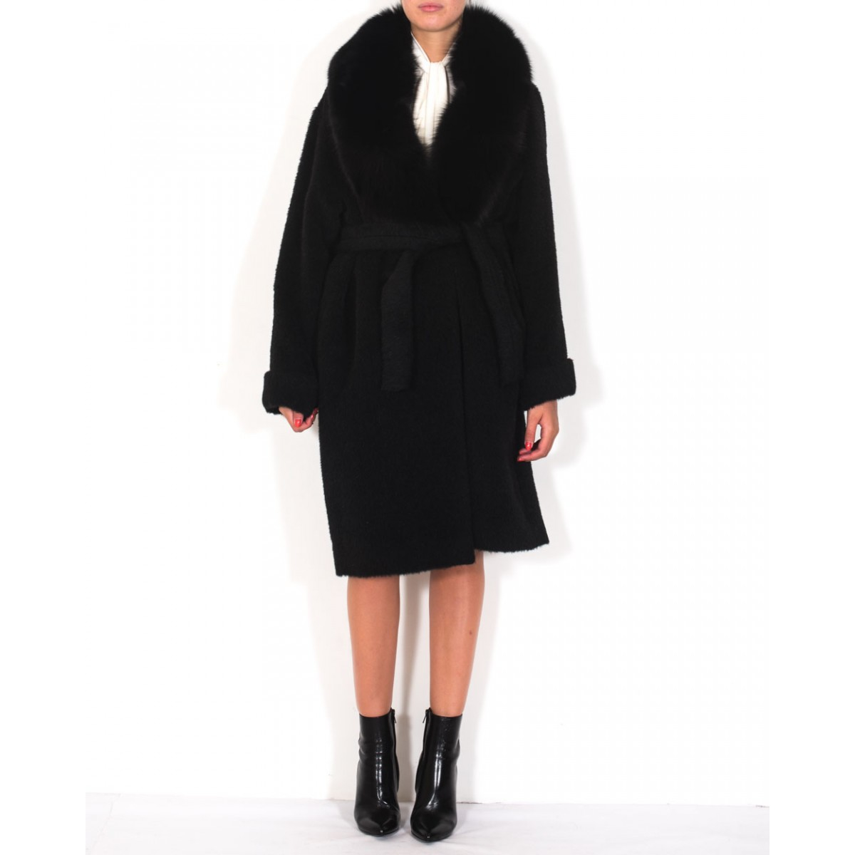Moschino Black Coat In Virgin Wool And Mohair Collar Fox in Black | Lyst