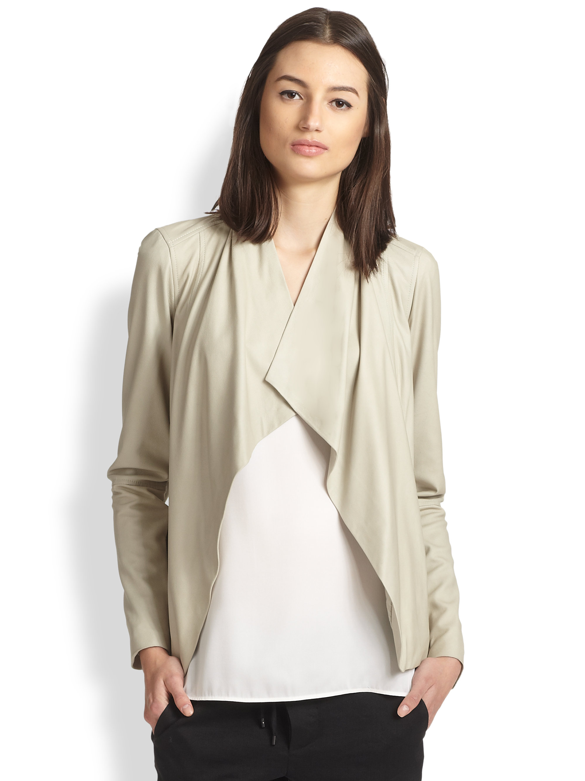 Vince Draped Leather Jacket in Natural | Lyst