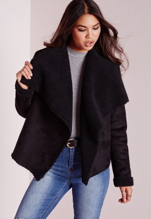 Lyst - Missguided Faux Suede Waterfall Shearling Coat ...