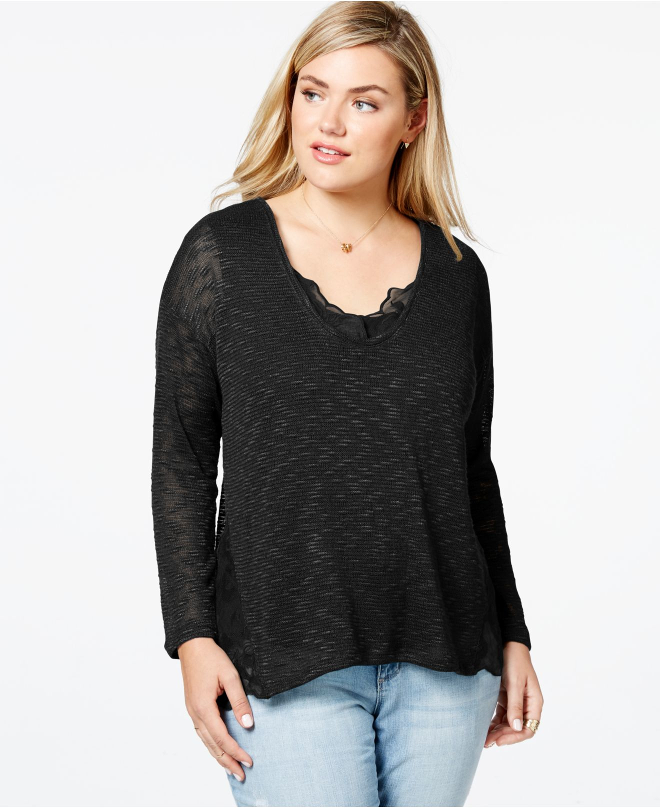 Lyst - Jessica Simpson Plus Size Lace-trim Sweater in Black