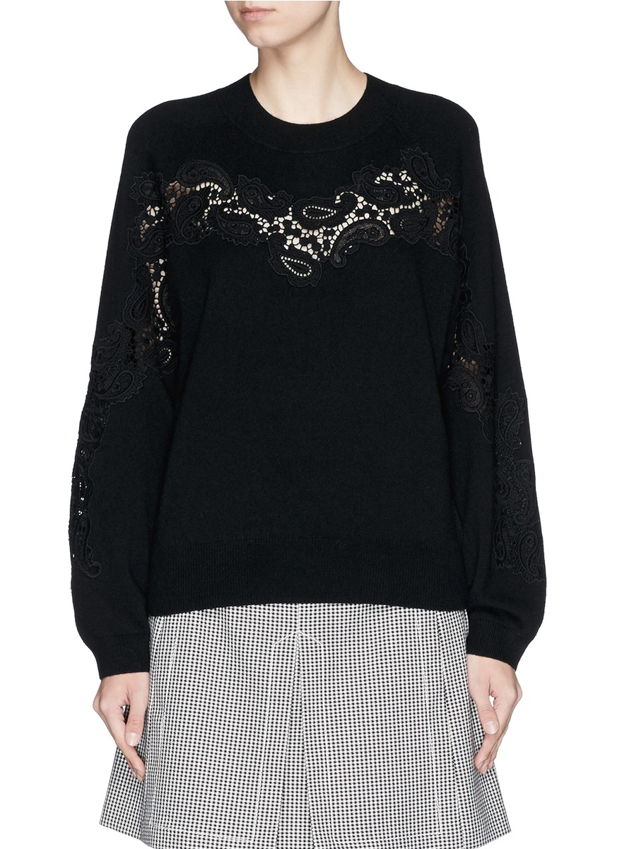 Chloé Paisley Lace Panel Cashmere Sweater in Black | Lyst