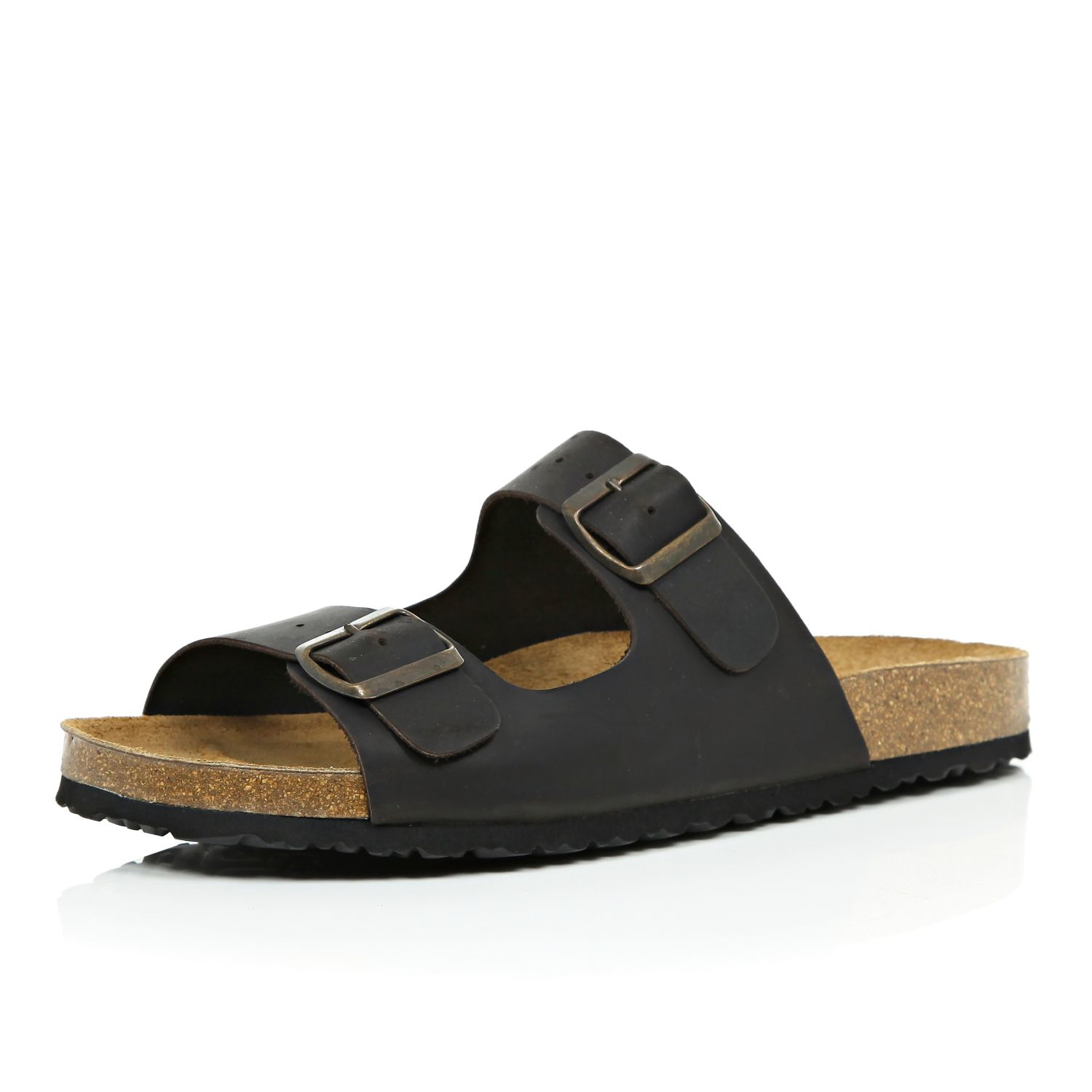 Lyst - River Island Dark Brown Leather Double Buckle Sandals in Brown ...