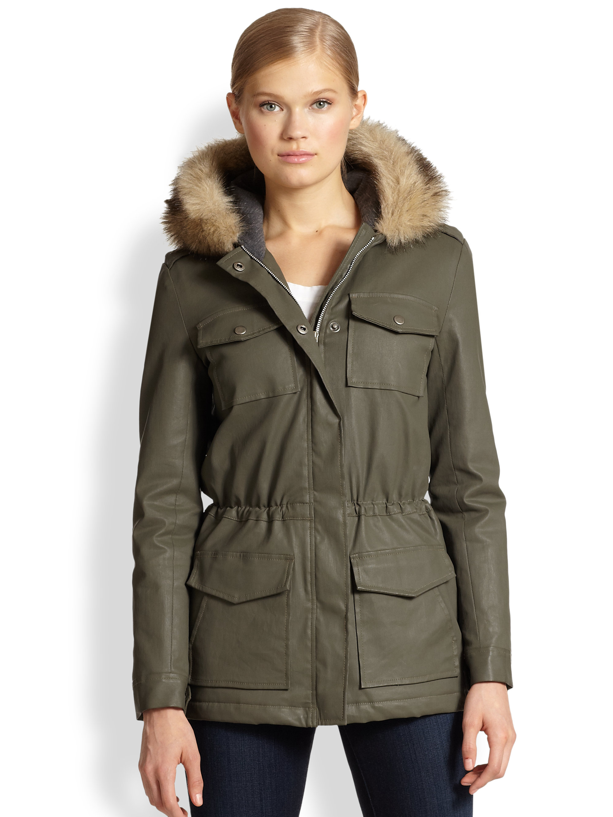 Lyst - Joie Faux Fur-Trimmed Coated Parka in Green