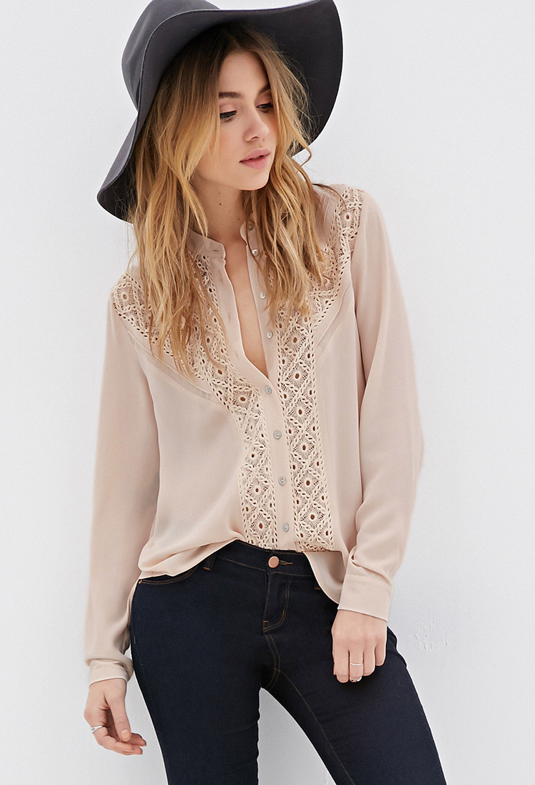 Forever 21 Crochet-paneled Button-down Blouse in Pink | Lyst