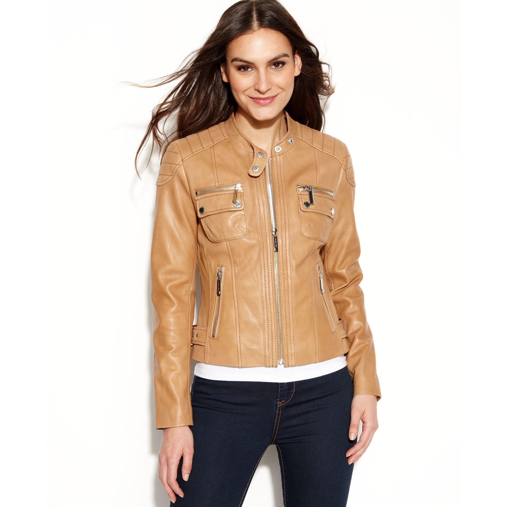 Lyst Michael Kors Quilted Detail Leather Motorcycle Jacket In Brown